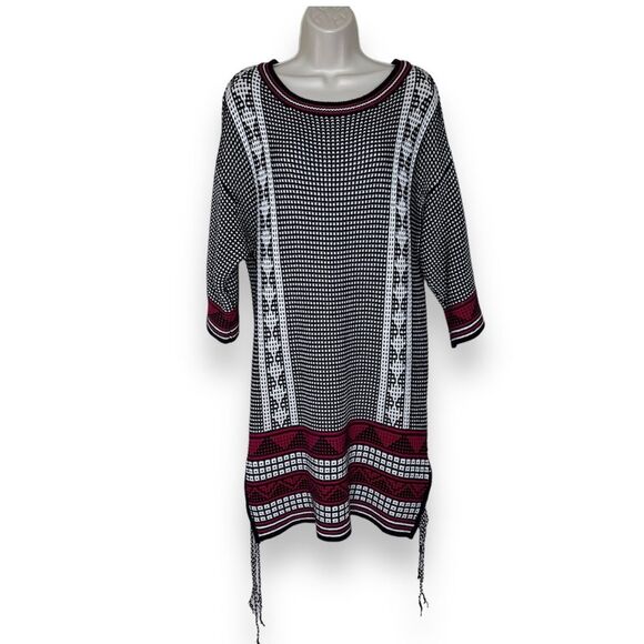 Asos Sweater Knit Tunic Dress Black White Pink Aztec Print Tie Sides Womens 8 - Picture 1 of 14